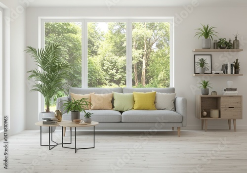 Wallpaper Mural Living room interior with sofa cushions plants table and view of trees through a large window pane Torontodigital.ca