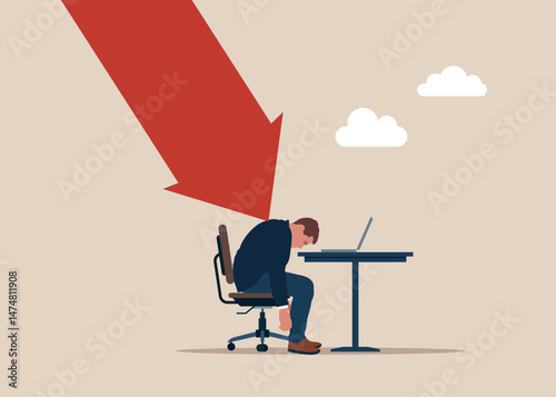 Businessman falling asleep on desk with laptop with falling down arrow. Survive investment crash, crisis or recession, pushing back or effort to win business challenge, economic recession.