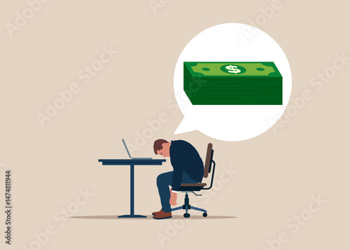Desire for money. Businessman falling asleep on desk with laptop computer and dreaming of money. Wages to employee exhausted. Flat vector illustration