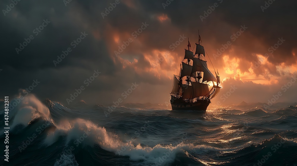Fototapeta premium Majestic sailing ship navigating stormy ocean waves at sunset, dramatic sky, adventure, travel, nautical scene