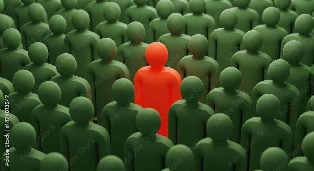 Fototapeta premium Red Individual Standing Out From Green Crowd