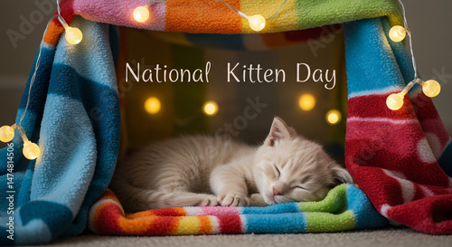 Cute Orange Kitten Sleeping in Cozy Tent for National Kitten Day – Adorable Pet Celebration Scene
