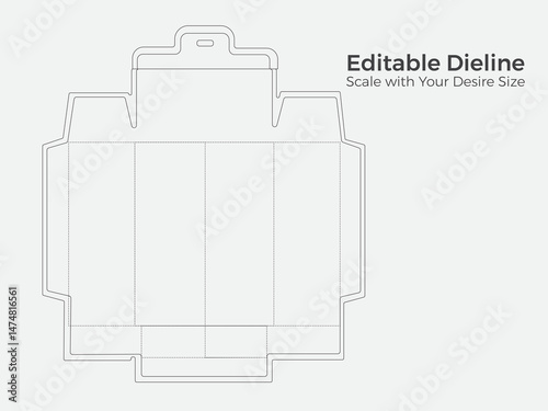 Flat unfolded box dieline with trim lines and folds for package designers