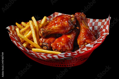Delicious BBQ chicken wings and crispy golden fries served in a red basket
