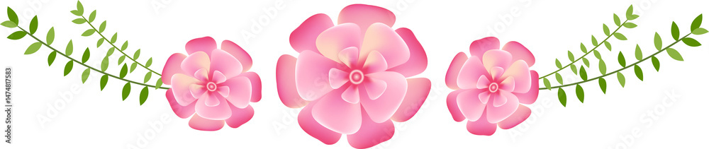 Fototapeta premium Horizontal Floral Design with Pink Flowers and Leaves