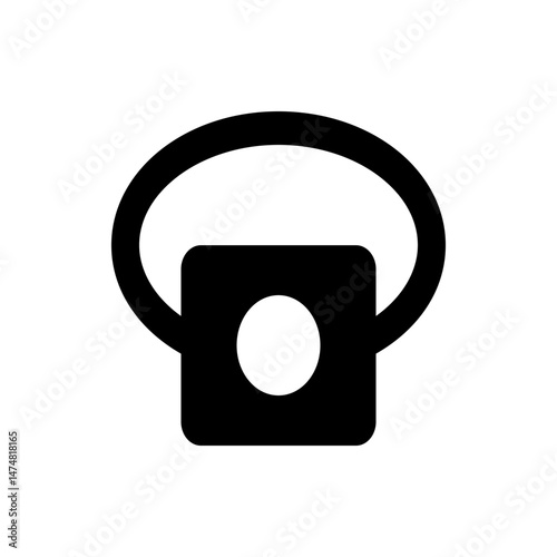 A black outline of a square shape with rounded corners and a white circle inside with a loop above it