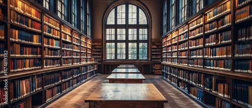Old library interior with shelves of books, windows, tables and chairs. Warm lighting