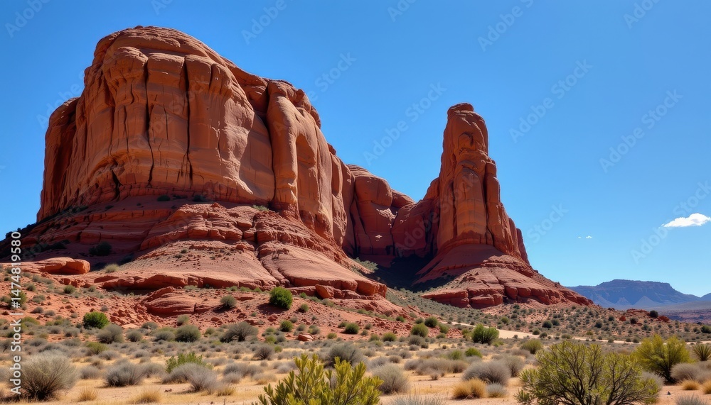 Fototapeta premium a rugged rock formation, sculpted by the desert's relentless embrace, stood tall and proud, its surface a testament to nature's power, framed against a vast, cerulean sky.