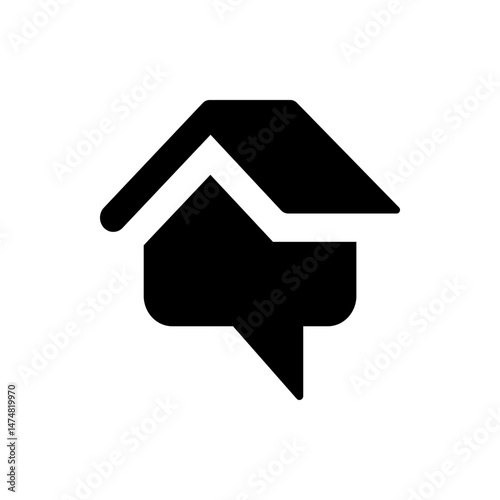 Black house shaped speech bubble with a roof and a pointed bottom on a white background icon design