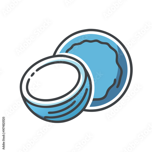 Stylized coconut illustration with one half open, featuring clean lines and blue tones, ideal for tropical or healthy food designs.
