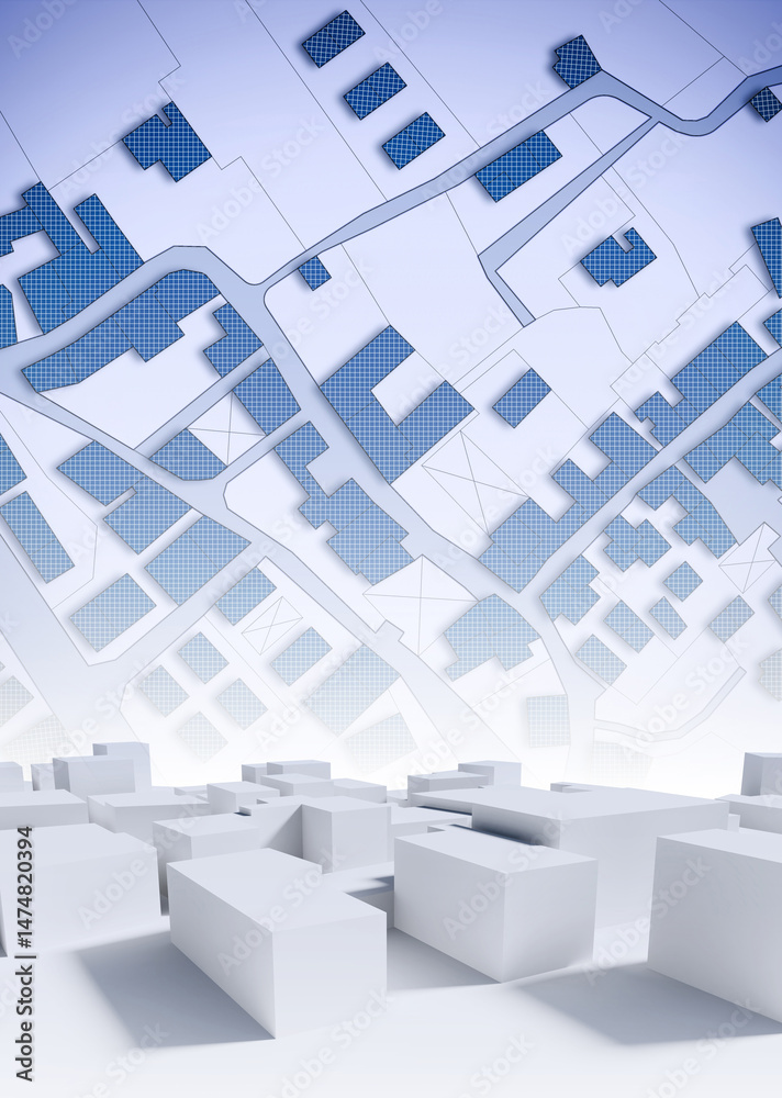 Obraz premium Cityscape and residential building over an imaginary city map of territory with buildings and roads - 3D rendering