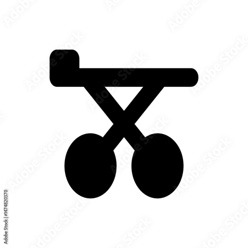 Simple black and white illustration of a rickshaw with two wheels and a seat in a minimalist style