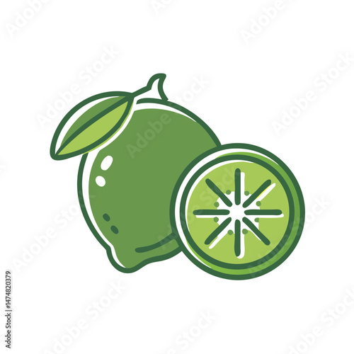 Clean vector drawing of a whole green lime with a sliced section, ideal for citrus, tropical, or culinary themes.
