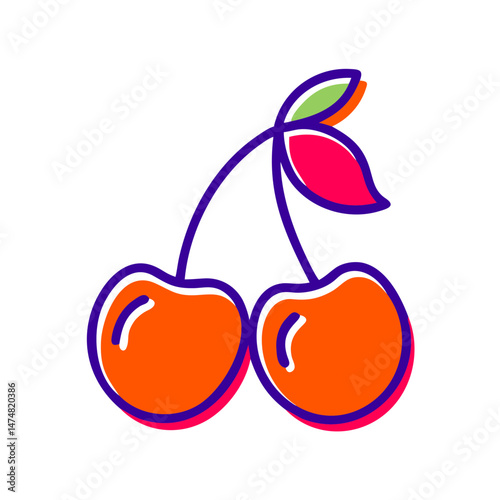 Playful vector illustration of two red cherries on stems with colorful leaves, ideal for fruit, dessert, or summer themes.
