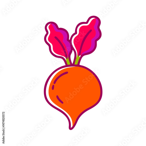 Colorful vector illustration of an orange-red beetroot with vibrant purple leaves, ideal for food, farming, and nutrition designs.
