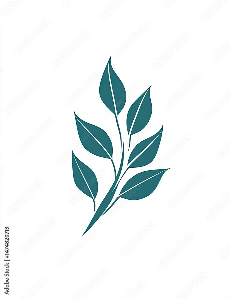 Teal colored branch with leaves, simple and elegant design. Silhouette of leaves on stem Teal colored branch with leaves, simple and elegant design. Silhouette of leaves on stem