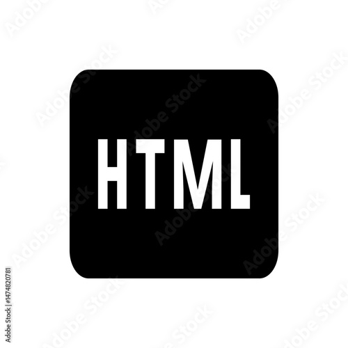 Illustration of a black rounded rectangle with the white letters html displayed in the center of the shape