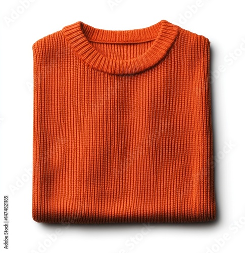 Folded orange ribbed sweater, laid flat on white background.  Close-up view of the garment's texture and form