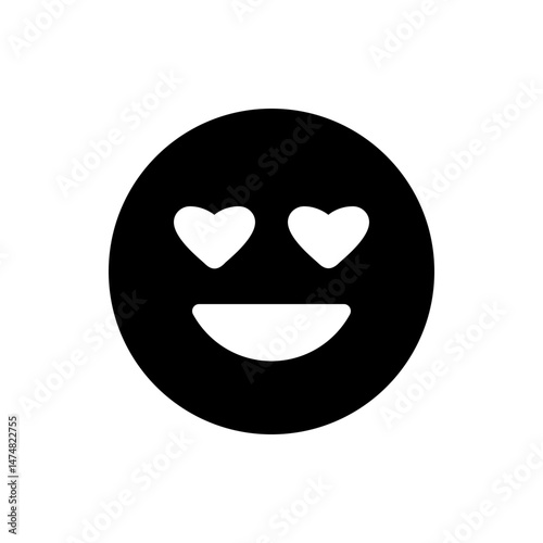 A black circle with two white hearts for eyes and a curved line for a mouth expressing love and happiness