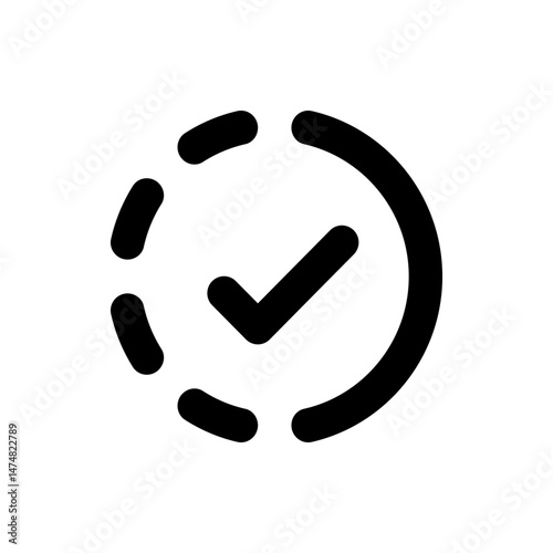 Black check mark inside a circle composed of a solid arc and dashed arc on a white background icon