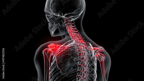 X-ray view of human skeleton with highlighted spine.