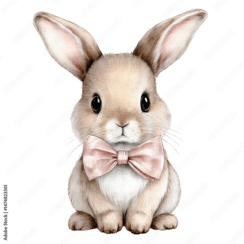 Obraz premium Cute baby bunny with pink bow tie, exuding charm and innocence. This adorable illustration captures essence of cuteness overload, perfect for various creative projects