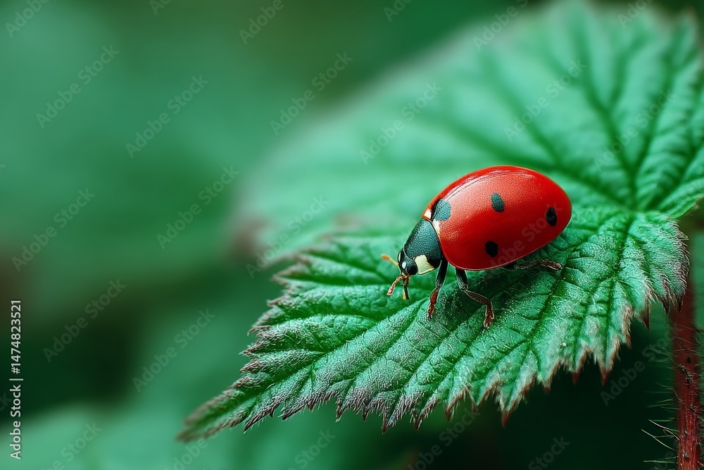 Obraz premium Red ladybug resting on a green leaf in a lush garden setting during the sunny afternoon