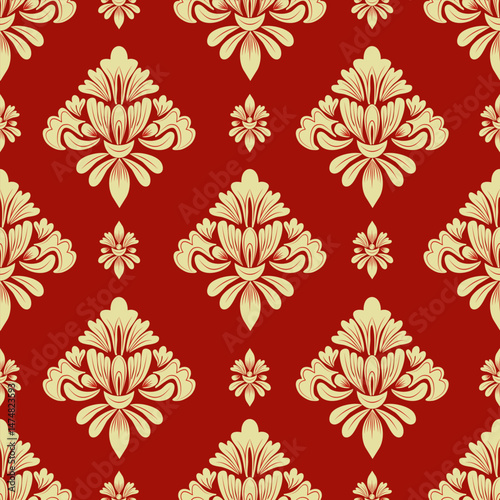 Damask seamless pattern with golden flowers and Red background, luxury style, vintage design, vector illustration elegant for textile, wall paper, curtains, cushion cover, rug, upholstery fabric