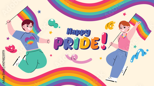 Happy Pride month background vector. LGBTQ community symbol with people jumping, rainbow flag. Support design for celebration, bisexual, transgender, gender equality, rights, ads.