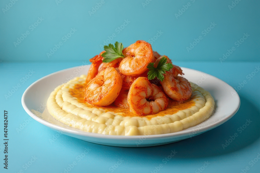 Tempting Shrimp and Grits Photography: Cozy Corner, Dusty Blue Background, Soft Daylight, Clean Style Tempting Shrimp and Grits Photography: Cozy Corner, Dusty Blue Background, Soft Daylight, Clean Style