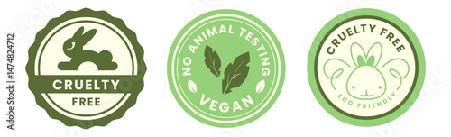 Cruelty Free label, logo, badge, icon, sticker, symbol, emblem, stamp, green, line, flat. Cruelty free not tested on animals label for product packaging design.Vector  Illustration set