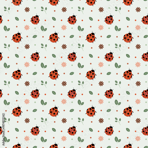 seamless pattern with flowers and ladybugs, cute spring themed pattern with flowers and ladybugs