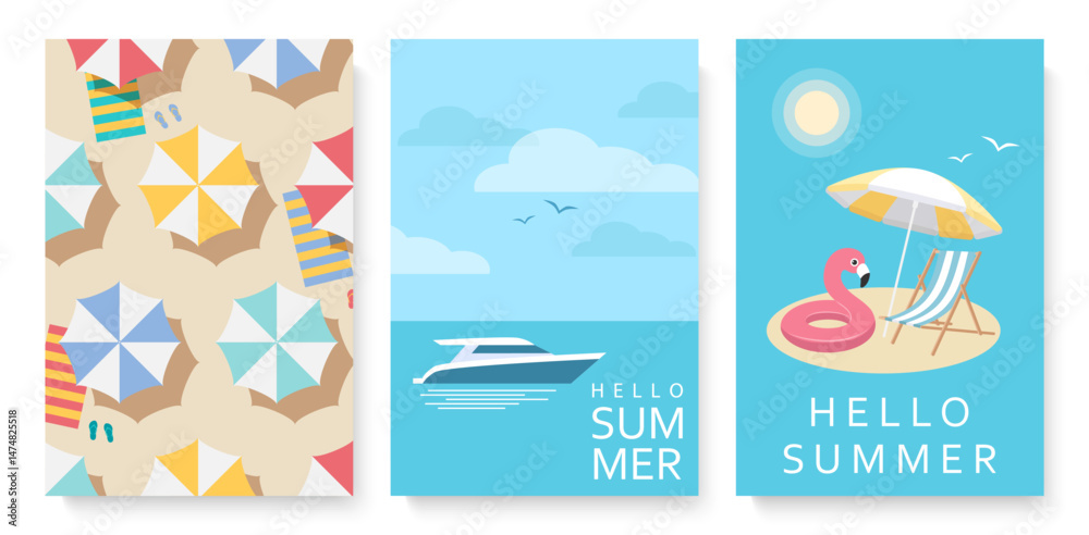 Fototapeta premium Set of summer banners with beach elements. Vector illustration in flat style with sea, beach, sun, inflatable flamingo and umbrella beach chair on the beach, yacht in the sea. 