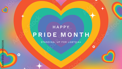 Happy Pride month background vector. LGBTQ community symbol with rainbow, pride flag, heart. Design for celebration, bisexual, transgender, gender equality, rights, ads.