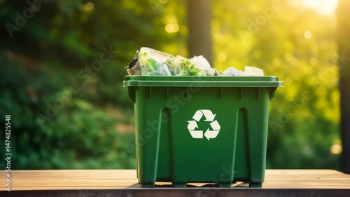 A green recycling bin overflowing with waste materials, placed against a lush natural backdrop in soft sunlight.