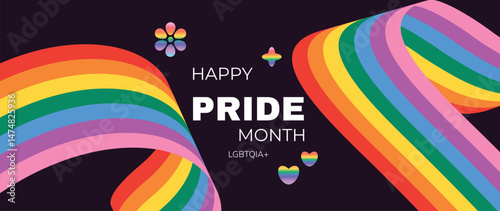 Happy Pride month background vector. LGBTQ community symbol with rainbow, pride flag, heart. Design for celebration, bisexual, transgender, gender equality, rights, ads.