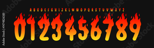 Flaming Fire Number and Letter Font, Hot Burning Alphabet for extreme sports logo, wild headline, title of Rock posters, party flyers, biker events. Heat typographic design. Vector typeset