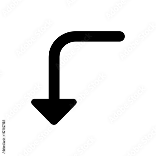 A simple black arrow turning right then pointing down against a white background in a minimalist style