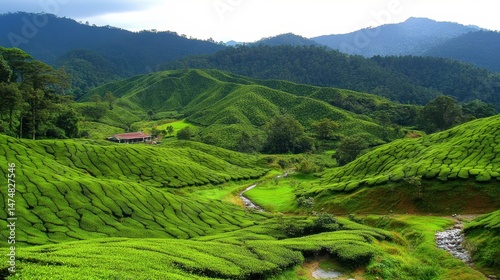 Lush Green Tea Plantations in Rolling Hills Under Clear Blue Sky
