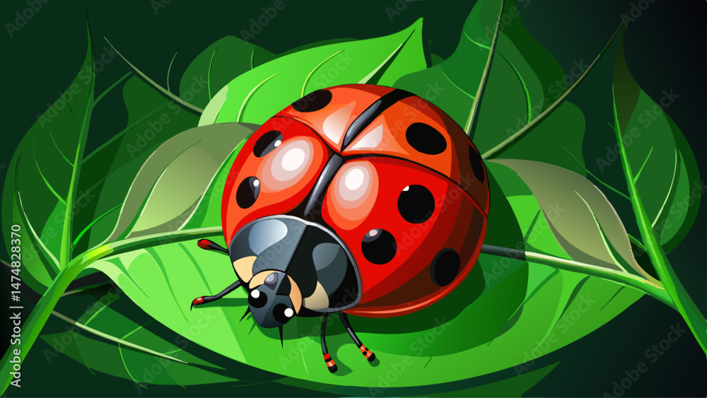 A close-up photo of a red and black ladybug on a green leaf with a dark background A close-up photo of a red and black ladybug on a green leaf with a dark background
