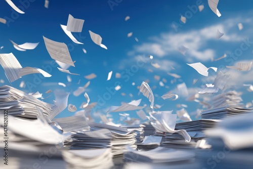 Stacks of papers flying in the wind.