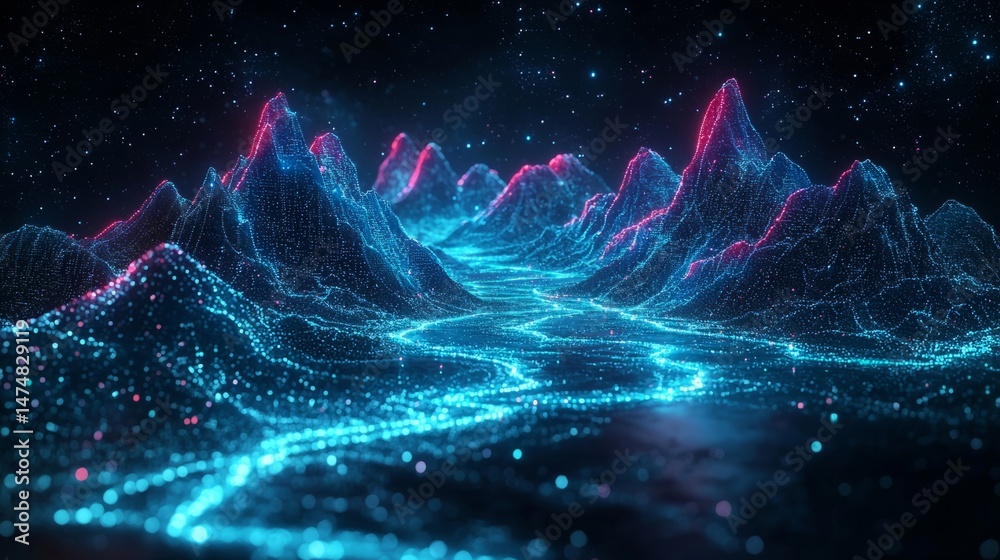 Obraz premium A visual concept of a digital landscape, where data flows like rivers and binary code forms mountains, symbolizing the digital age and information technology, in cool blues, greens, and neon accents