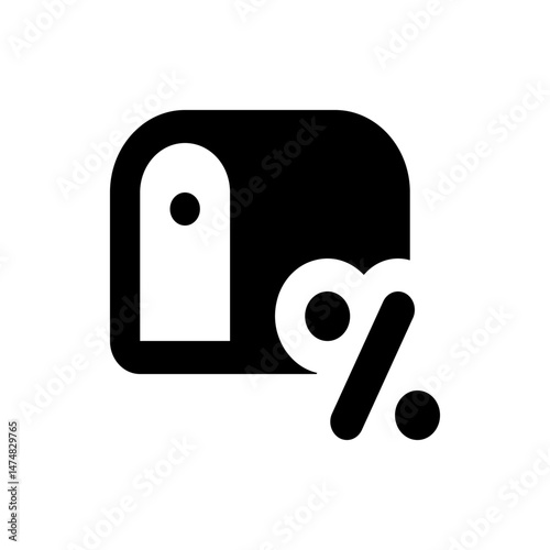 Black and white illustration of a tag with a dot and a percentage sign with a dot next to it symbol