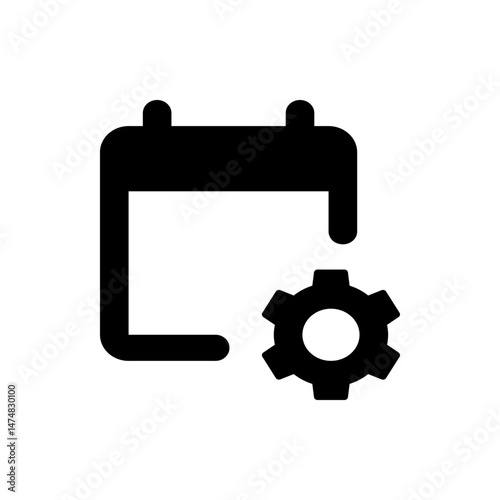 Black calendar icon with rounded corners and a gear icon positioned to the lower right side of it
