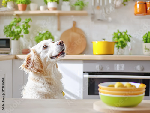 A curiously observant dog in a bright and sunny kitchen while the chef prepares a delicious meal