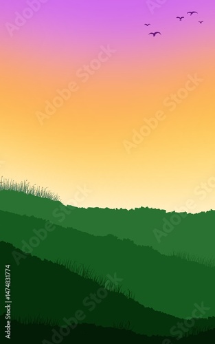 landscape of gradient grass field and sunset sky for smartphone wallpaper
