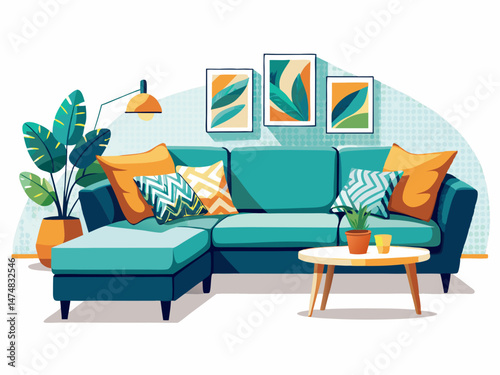 A flat vector of a cozy modern sectional sofa with cushions and low legs. White background, minimalist home interior