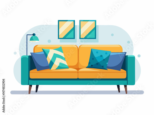 A modern fabric couch with clean lines and soft cushions in flat vector style. White background, stylish living room setup