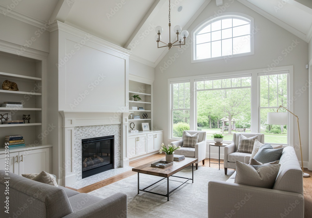 Fototapeta premium Bright Modern Living Room Interior Design White Walls Large Windows Natural Light Comfortable Sofa