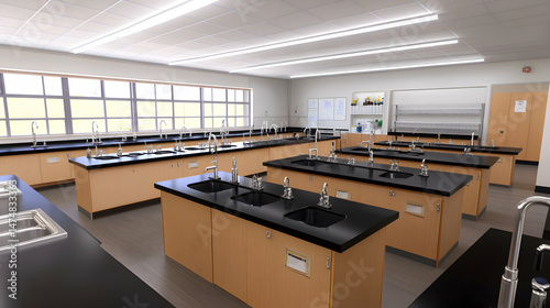 Science classroom features multiple sinks in laboratory school interior